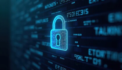 Digital padlock glowing on computer code background. Cyber security and data protection concept.