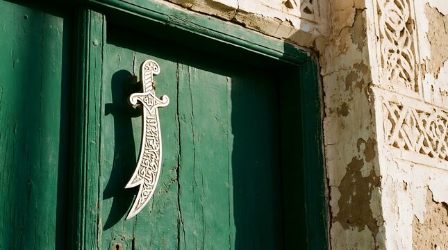 Traditional green door with a sword-shaped brass knocker in Saudi Arabia