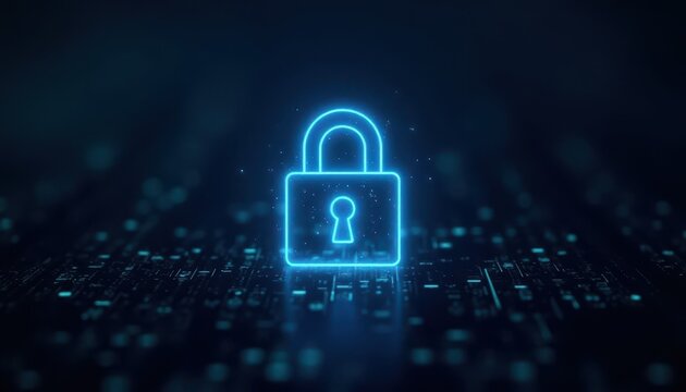 Digital padlock glowing on computer code background. Cyber security and data protection concept.