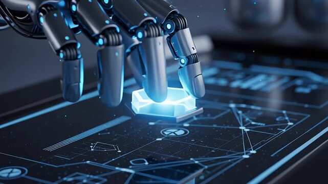 Advanced robotic hand interacting with futuristic glowing interface technology.