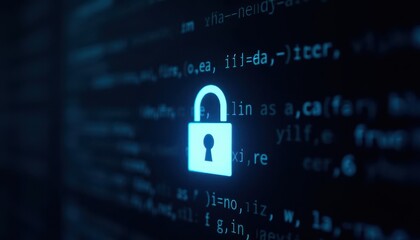 Digital padlock glowing on computer code background. Cyber security and data protection concept.