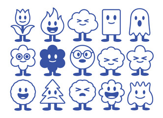 Fototapeta premium Fifteen Blue Outline Cartoon Characters with Different Emotions and Forms happy vector illustration