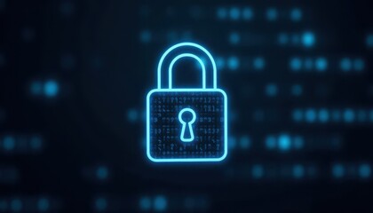 Digital padlock glowing on computer code background. Cyber security and data protection concept.