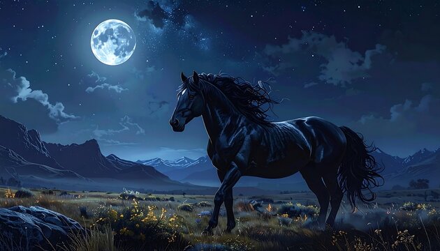 Majestic Black Horse Under the Moonlight - A Serene Night Scene.