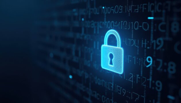Digital padlock glowing on computer code background. Cyber security and data protection concept.