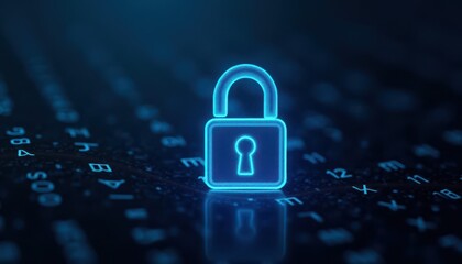 Digital padlock glowing on computer code background. Cyber security and data protection concept.
