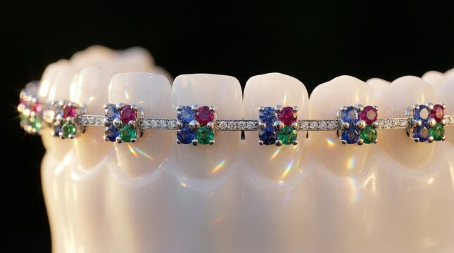 Teeth with crystal gemstone braces featuring sapphire ruby emerald and diamond archwire