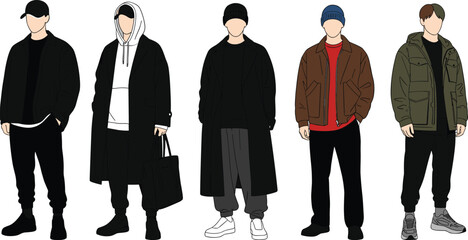 Vector illustration set of men wearing winter streetwear fashion including long coats, hoodies, puffer jackets, beanies, and sneakers for autumn, © Rakibul