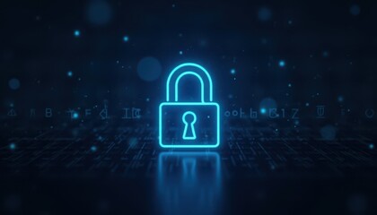 Digital padlock glowing on computer code background. Cyber security and data protection concept.
