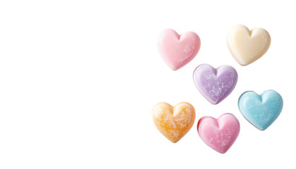 Fototapeta premium Six pastel-colored heart-shaped candies clustered on black, showcasing smooth textures and soft, diffused lighting