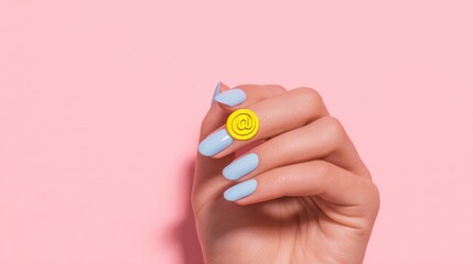 Fototapeta premium Womans hand with blue nails holding yellow email symbol on pink backdrop