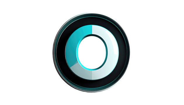 A round graphic with a teal 'O' shape in the center, surrounded by a silver and black gradient circle