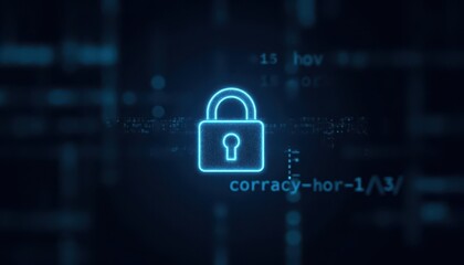 Digital padlock glowing on computer code background. Cyber security and data protection concept.
