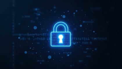 Digital padlock glowing on computer code background. Cyber security and data protection concept.