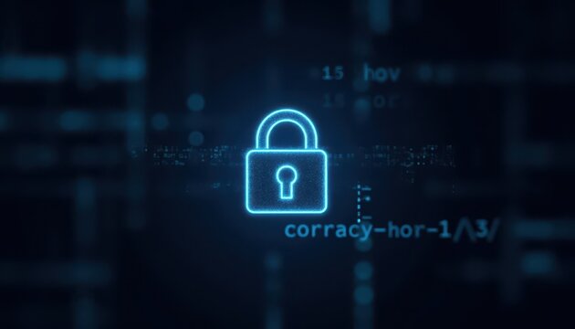 Digital padlock glowing on computer code background. Cyber security and data protection concept.