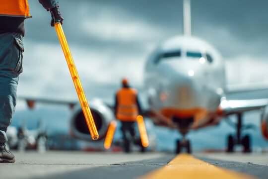 Professional marshaller directing plane at airport