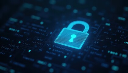 Digital padlock glowing on computer code background. Cyber security and data protection concept.