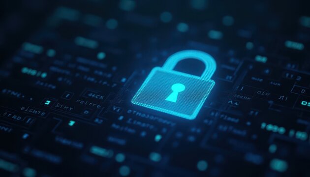 Digital padlock glowing on computer code background. Cyber security and data protection concept.
