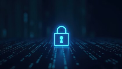 Digital padlock glowing on computer code background. Cyber security and data protection concept.