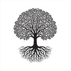 Black tree silhouette with deep roots