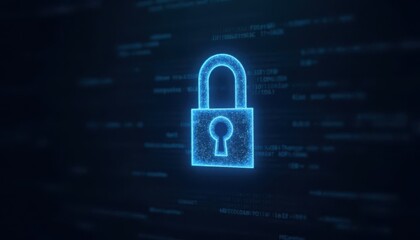 Digital padlock glowing on computer code background. Cyber security and data protection concept.