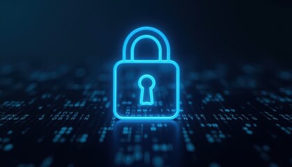 Digital padlock glowing on computer code background. Cyber security and data protection concept.