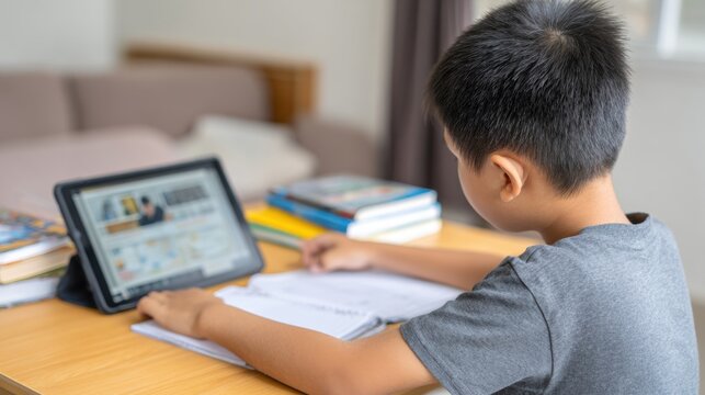 Child studying at home using tablet and notebook. E learning, homeschooling and online education concept with digital device
