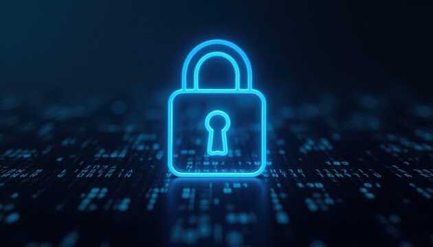 Digital padlock glowing on computer code background. Cyber security and data protection concept.