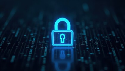 Digital padlock glowing on computer code background. Cyber security and data protection concept.