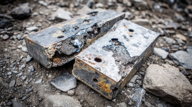 Damaged Artillery Shell Fragments and Jagged Pieces of Metal Debris on the Ground