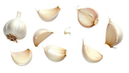 Obraz premium Scattered, isolated garlic cloves and a whole bulb, against a dark background