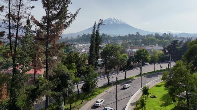 Aerial view of the snow-capped Misti volcano from the city of Arequipa