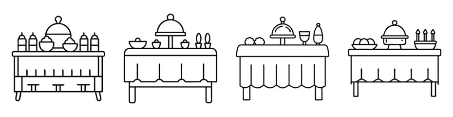 Obraz premium Outline drawings of four tables set with food and decorative objects