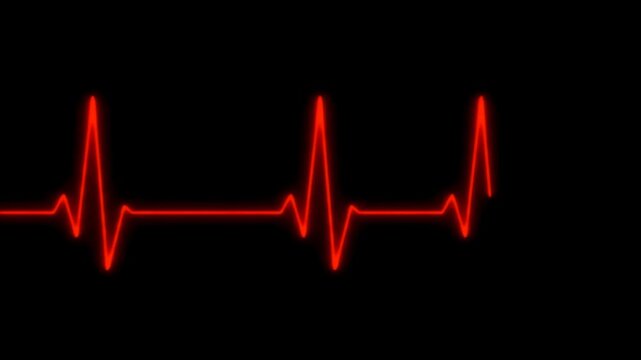 A red, pulsating line, like a heartbeat, traverses the screen on a black background, suggesting life or emergency. It moves left to right
