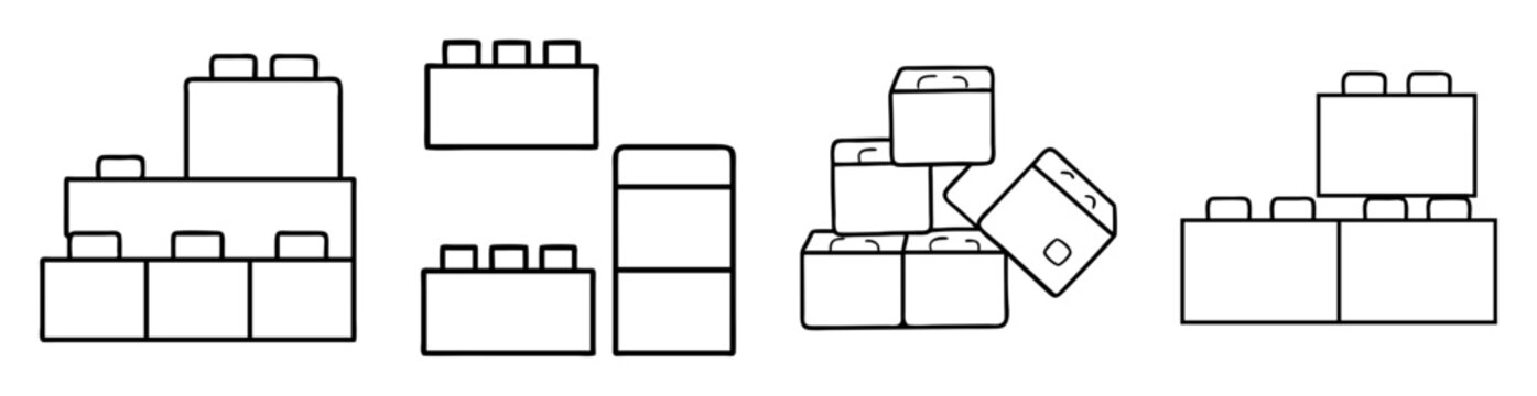 A minimalistic black and white illustration of different arrangements of building blocks