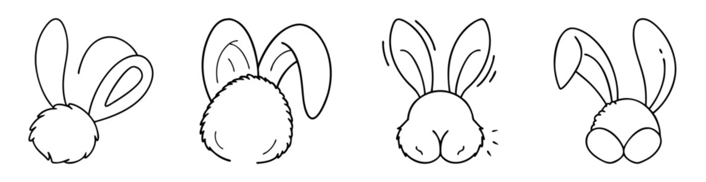 Four cute bunnies only showing fluffy tail and adorable big rabbit ears