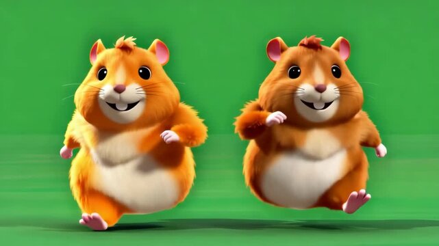 Animated hamsters run on green screen background cartoon style motion graphics playful rodents digital animation video