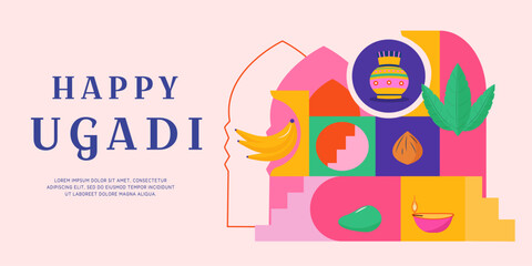 Fototapeta premium Happy Ugadi banner with geometric figures, fruits, kalash pot, candle and text. Vector design