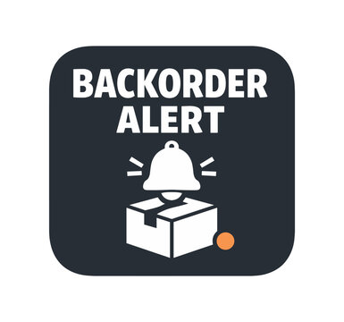 Flat vector badge () BACKORDER ALERT simple white bell with box tiny muted orange accent dot