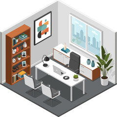 Isometric Home Office Interior with Desk, Chairs, and Bookshelf.