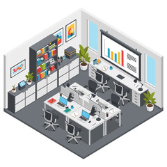 Obraz premium Isometric modern office interior with desks computers and meeting area.