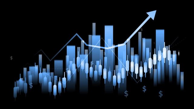 Abstract financial chart with candlesticks, bar graphs and upward arrow animation