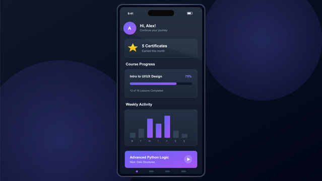 Mobile application interface for online learning platform with course progress and weekly activity statistics on dark background