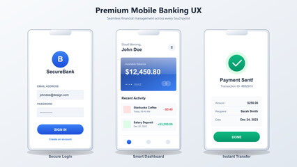 Mobile banking application screens showing secure login dashboard and financial transaction confirmation
