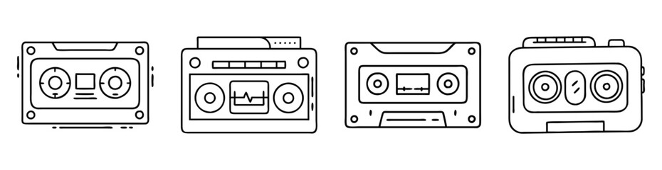 Obraz premium Line drawing of four different vintage cassette players and recorders