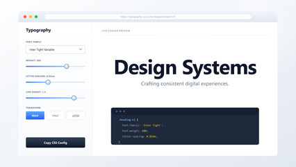 User interface for typography design system with font settings and CSS code preview on a clean white background