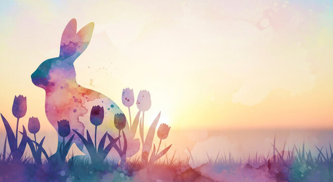 Easter Bunny silhouette with tulips at sunset in watercolor style