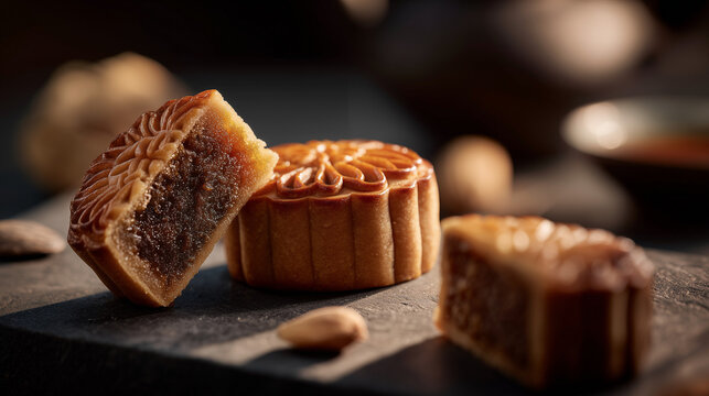 Mooncakes on slate surface with tea concept of Mid-Autumn Festival  