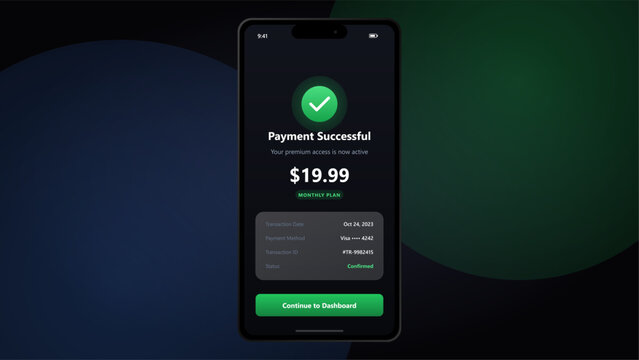 Smartphone screen displaying a successful payment confirmation for a monthly subscription plan with a green checkmark icon