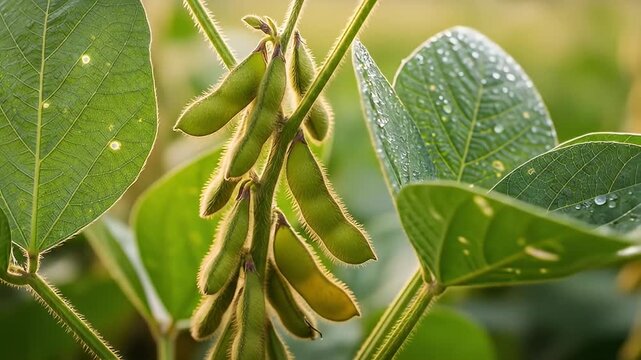 Close-up shot of soy pods hanging from a plant stalk with green leaves and water droplets